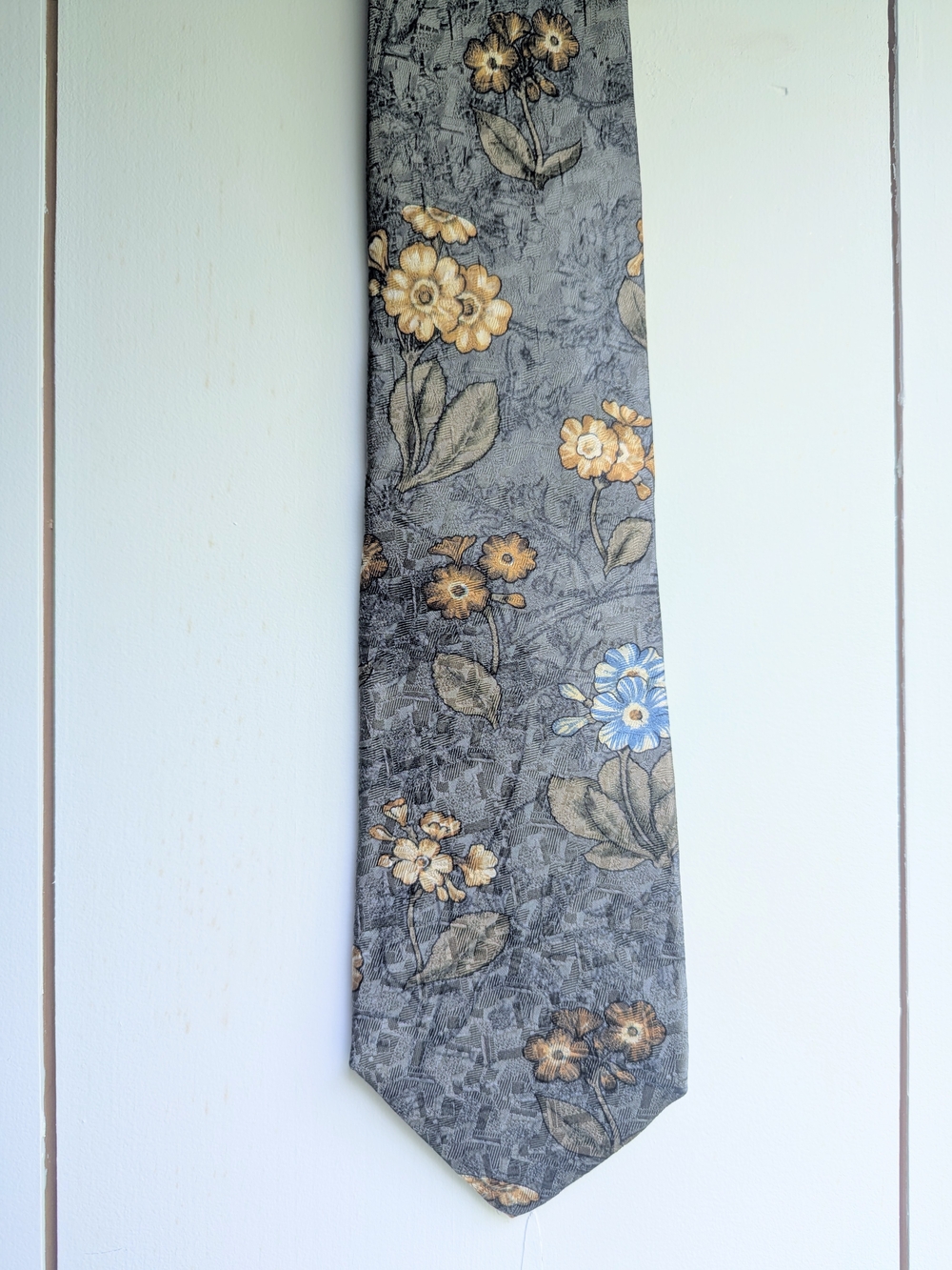 Givenchy 100% Pure Silk Gray Tie with Gold and Blue Floral Motif